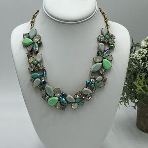J Crew Ocean Blue Green‎ Clear AB Aurora Borealis ombré Statement Bib Necklace